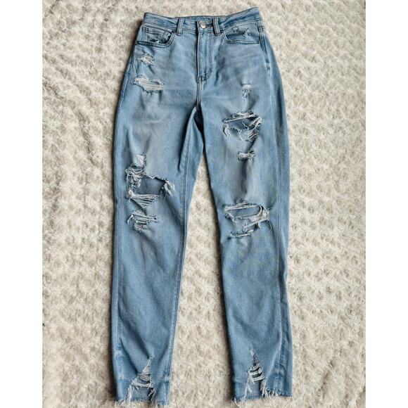 American Eagle Stretch Highest Rise Ripped Mom Jeans Light Wash Distressed Small - Picture 1 of 9